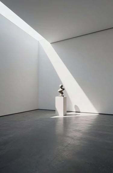 A minimalist architectural shot of a modern gallery space. High contrast between #F5F4F0 walls and #26211F floor. A single shaft of light hits a sculpture. Sophisticated, creative, and professional atmosphere.