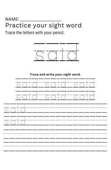 Printable sight-word tracing worksheet for the word "said".
