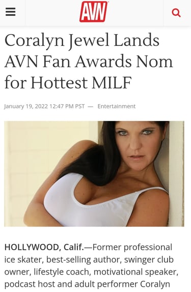 Coralyn's press release in white bathing suit for AVN 2021 nominated as fan choice hotest MILF