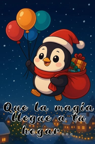 pingüino volando en globos sobre villa llevando regalos de navidad