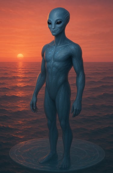 Imagem de Um Ser Imaginario do Planeta K2-18b acima do Nivel do Oceano com o Brilho de sua Estrela