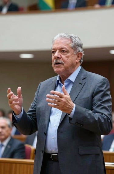 A South American / Brazilian leader giving a keynote speech in a contemporary auditorium, gesturing confidently. The color palette includes hints of Steel Blue and Dark Slate Grey in the attire and decor.