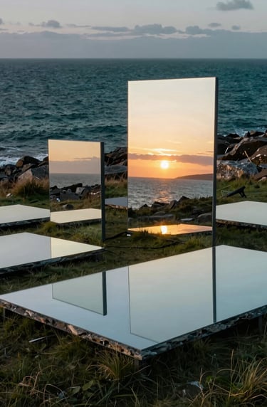 An outdoor art installation in a rugged Northern European / Welsh / British coastal landscape. Large slate mist colored mirrors are arranged on the grass, reflecting the deep charcoal teal sea and the golden ochre of the setting sun.
