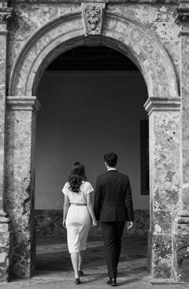 Candid black and white style photograph, tinted with subtle slate grey-blue tones, showing the couple walking away together through a historic Spanish stone archway. High contrast, cinematic lighting, timeless romantic mood.