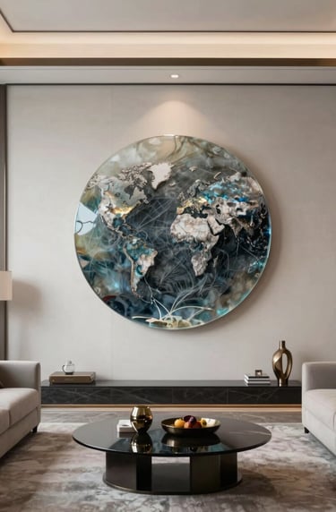 A wide shot of a modern International / Global living room where a large, circular resin art piece from Series IV hangs on a minimalist wall, harmonizing with the elegant and modern interior design.