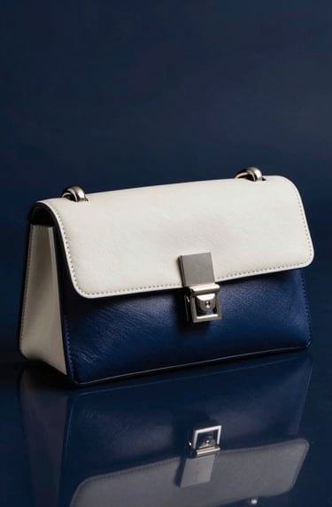 A high-fashion editorial close-up of a designer accessory resting on a dark, reflective surface. The color palette is strictly deep blue and off-white with crisp, professional studio lighting.