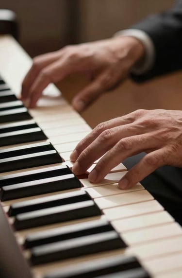Cinematic photography of a musician's hands resting on a piano keyboard, soft focus, dramatic shadows, warm taupe and deep brown tones, professional and elegant, International / Western.