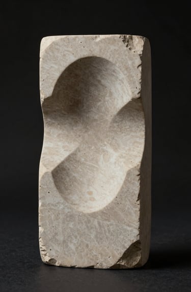 An artistic still life featuring a single sculptural element in beige stone against a black background, soft cinematic lighting, embodying modern elegance and clarity.