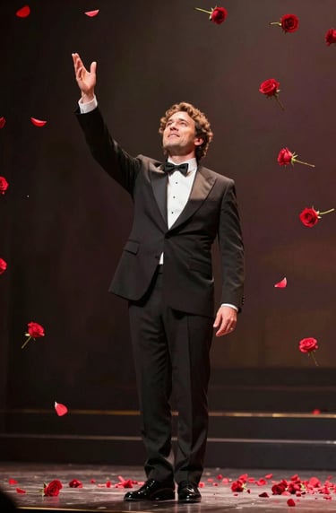 The tenor taking a final bow on stage as Borgogna red roses fall around him. The lighting is celebratory and warm, capturing a moment of international success and artistic triumph.