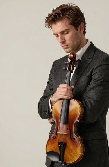 An elegant portrait of a violinist in a dark charcoal suit holding a violin, sober and professional style, soft off-white background, Southern European / Spanish artistic excellence.