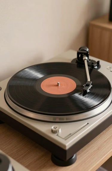 A stylish vinyl record spinning on a high-end turntable. The setting is a cozy yet modern listening room with beige accents and warm lighting, emphasizing a premium musical experience.