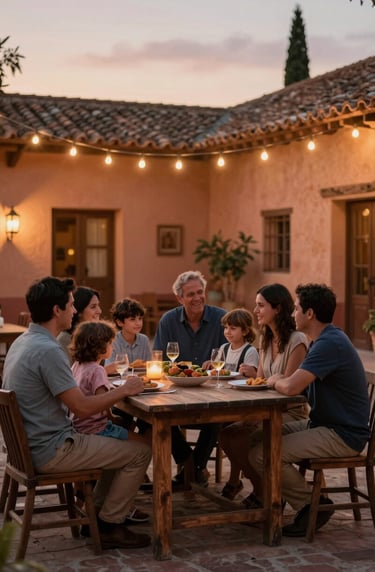 A cinematic portrait of a family gathered around an outdoor wooden table in a Spanish courtyard at dusk. String lights overhead, warm sunset light. The mood is joyful and authentic. Earthy terracotta and charcoal tones.