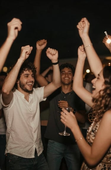 A blurred, artistic motion shot of a celebration. Warm glows of #C4B29A light against a #262626 background, capturing a fleeting, joyous moment.