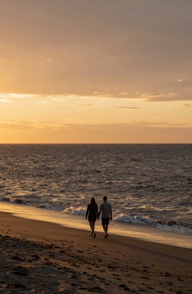 A cinematic landscape of a North American / US coastline at sunset, featuring a lone couple walking. Warm golden light, soft sand beaches, and deep charcoal ocean tones.