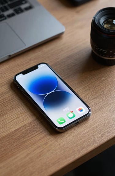 Top-down view of a minimalist desk setup in a North American tech hub, featuring a smartphone with a royal blue app icon on the home screen.