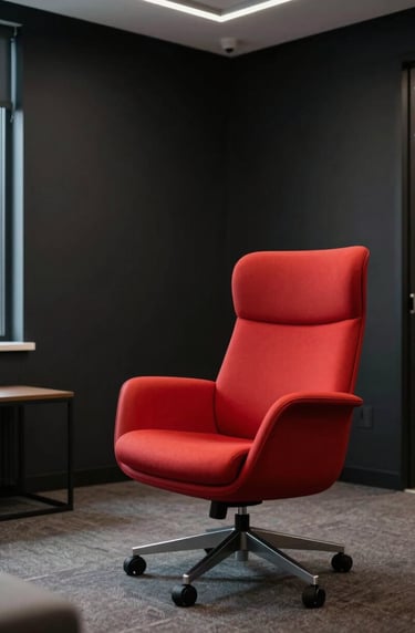 A stylized interior shot of a modern North American office lounge with one vibrant red designer chair as the focal point, deep black walls, and soft overhead light creating a striking contrast.