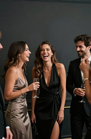 Candid shot of people laughing at a gala in a Southern European setting, stylish outfits, motion blur, sophisticated and emotional, dark charcoal background.