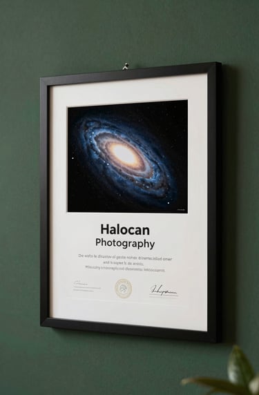 A framed award certificate for best photography, specifically for the Halley Comet photo, hanging in a sophisticated South American / Brazilian office with dark forest green accents.