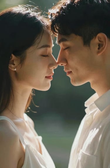 A vertical portrait of the couple standing face-to-face, foreheads touching, eyes closed. The lighting is very soft and sun-drenched, creating a romantic, ethereal atmosphere. Intimate storytelling style with deep shadows and warm highlights.