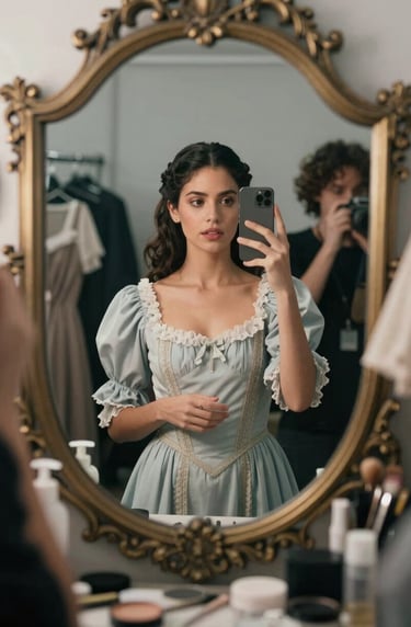 A candid shot of Maylin Cruz backstage in an ornate mirror, surrounded by classical costumes and props, soft cinematic lighting using #C8B8B8 and #F5F0EC tones.