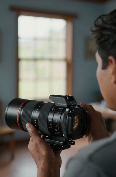 A close-up interview shot for a documentary, soft natural lighting through a window, professional depth of field, South American interior, warm steel blue-grey mood.