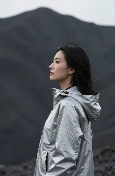 A minimalist portrait of a woman looking out at a deep charcoal mountain range. She is wearing a soft silver jacket. Professional travel lifestyle aesthetic.
