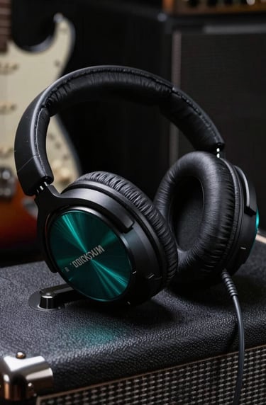 A high-contrast photo of professional headphones resting on a guitar amplifier, featuring deep forest teal reflections and sharp highlights.