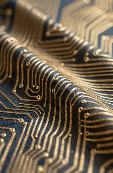 Extreme close-up photography of a textile surface woven with metallic gold and dark navy threads, resembling the intricate paths of a circuit board but with the soft texture of silk. Soft, natural morning light.