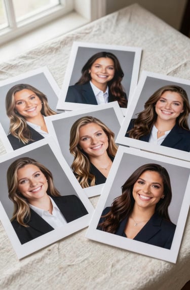 Several professionally printed senior portraits with white borders laid out artistically on a light cream linen cloth. The setting is a bright North American studio with soft window light. The composition is a top-down view showing various smiles. Clean and modern aesthetic.