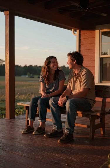 A candid moment of a couple sharing a quiet laugh on a North American / US porch during sunset. Warm lighting creates a cinematic, trustworthy feel. Deep Charcoal shadows and Terracotta highlights on the wooden deck.