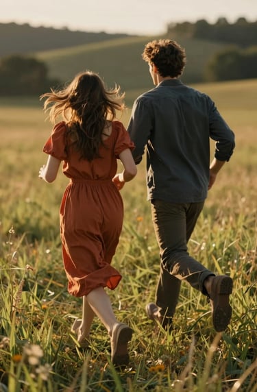 A lifestyle photograph of a couple running through a sun-drenched field in the North American / US Midwest. The movement is captured with a cinematic blur to feel authentic. Warm, golden-hour light highlights the terracotta and charcoal tones of their clothing.