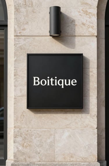 Minimalist outdoor signage for a luxury boutique on a clean stone wall in a modern International / Western metropolitan shopping district, under clear daylight.