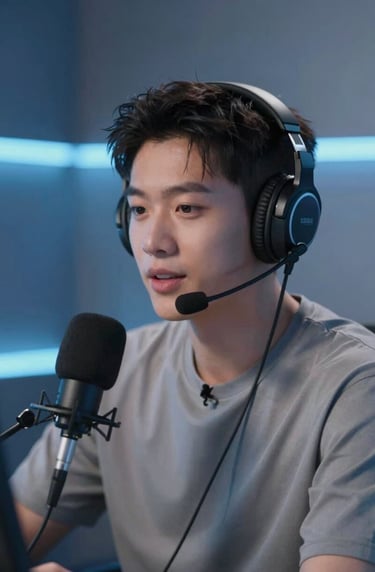 A sharp, focused shot of a professional shoutcaster wearing a headset, captured in a modern studio with cool blue #8EA7BF ambient lighting and metallic textures.
