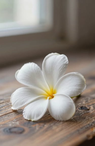 A single white tropical flower resting on a weathered wooden surface, #7B6654 textures, intimate macro shot, serene and minimalist aesthetic with natural window light.