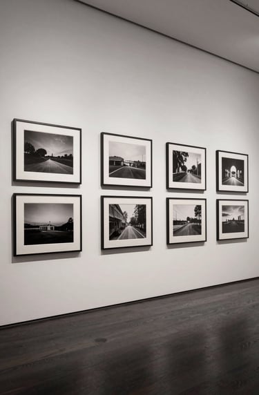 Wide shot of a contemporary gallery interior with off-white walls and dark charcoal wooden floors. Framed black and white photography is arranged in a strict grid. Global / Contemporary Art.
