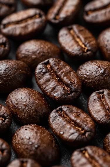 Detail photography of freshly roasted dark coffee beans, high contrast, rich oily textures, dark brown and golden tones, professional food photography style.