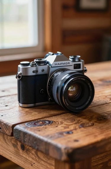 A professional close-up of a vintage-style camera resting on a rustic wooden table in a North American / US cabin setting. Soft natural light spills from a window, highlighting the steel blue and dark navy accents of the gear.