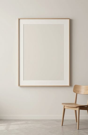 A wide, elegant shot of the finished artwork hanging in a minimalist sanctuary. The room features clean lines and a soft #F9F8F7 palette. A single wooden chair sits nearby, reinforcing the theme of quiet contemplation.