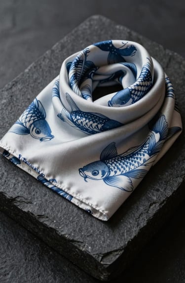 A minimalist, high-end product shot of a Sa-Koi silk scarf folded on a charcoal black stone plinth. The pattern is a subtle, sophisticated indigo blue koi motif, captured with sharp focus and cinematic lighting.