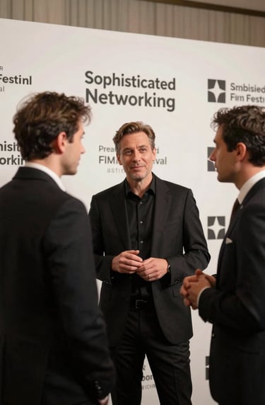 Sophisticated networking event at a prestigious film festival in a major North American city, elegant industry professionals in conversation, black and off-white palette, professional and engaging mood.