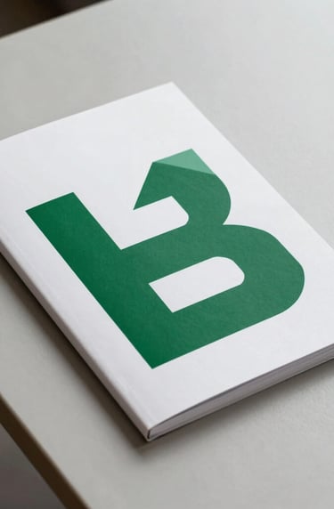 Minimalist composition of a sleek corporate brochure on a light gray table. The cover features a bold geometric logo in dark green. The lighting is soft and diffused, highlighting the paper texture. South American / Brazilian professional style.