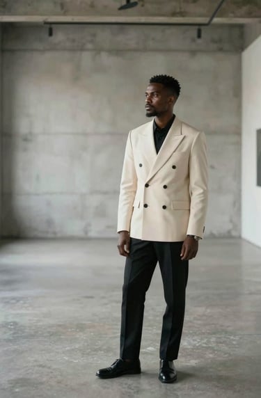 A wide-angle, cinematic shot of P.E.P YLS standing in a minimalist concrete space that feels both like a Lagos gallery and a Brooklyn loft. He is wearing a sophisticated outfit in #F5F5EB cream and #0A0A0A black. The mood is calm, professional, and globally resonant.
