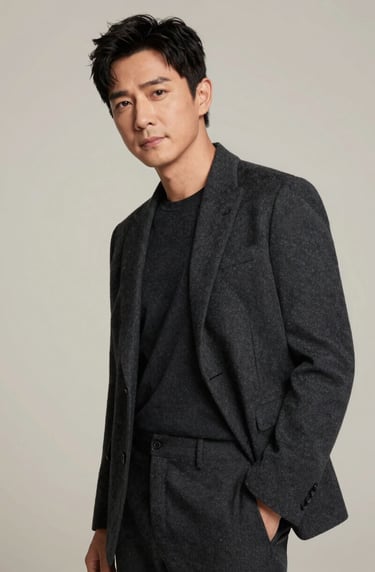 An elegant, stylized portrait of an actor against a minimalist off-white background. The lighting is sophisticated, creating a contemporary look. The actor is dressed in a dark charcoal outfit, conveying a polished and versatile professional image.