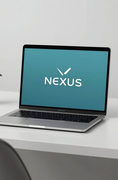 A minimalist workspace featuring a high-end laptop showing the finished Nexus logo. Background colors include #778DA9 and #E0E1DD. Refined and creative atmosphere.