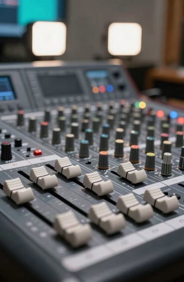 A professional high-end mixing console in a South American / Colombian studio. The faders are in focus, with blurry light off-white studio lights and neon cyan screen reflections in the background.