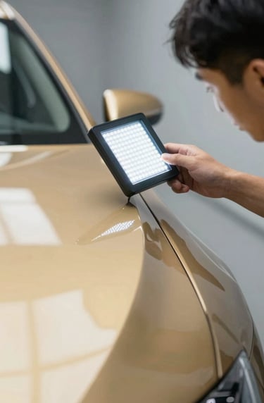 Expert technician checking a finished car panel with a professional LED light board, showing perfectly parallel lines on the gold-toned reflections of the car's surface.