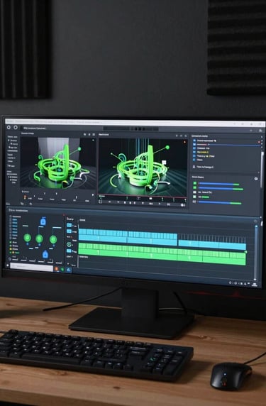 Portrait-style cinematic shot of a professional editing suite. A high-resolution screen shows a 3D motion design render with neon green elements. The background is a dark, clean wall with professional acoustic treatment. Modern Brazilian aesthetic.