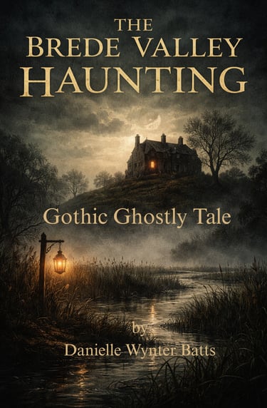 Dark, misty valley with a lantern by a marsh and a lone house glowing on a hill.