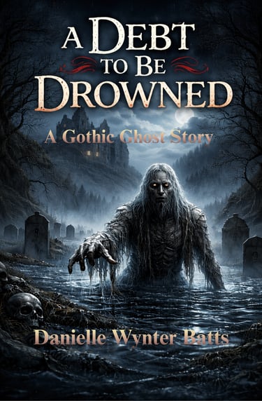 Ghostly figure rising from dark water in a moonlit graveyard with a castle on the hill.