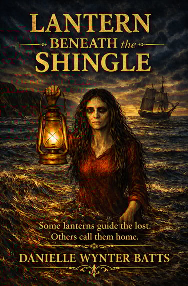 Woman holding a glowing lantern while standing in rough ocean water beneath a dramatic sky and distant ship